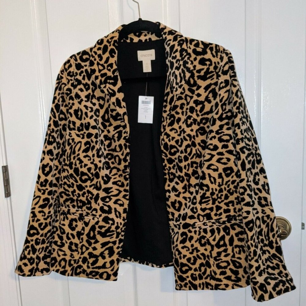 Chicos Jacket Leopard Velveteen Long Sleeve Camel